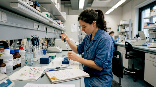 Eine Wissenschaftlerin arbeitet am Labortisch und führt Pipettierarbeiten im Forschungslabor durch.