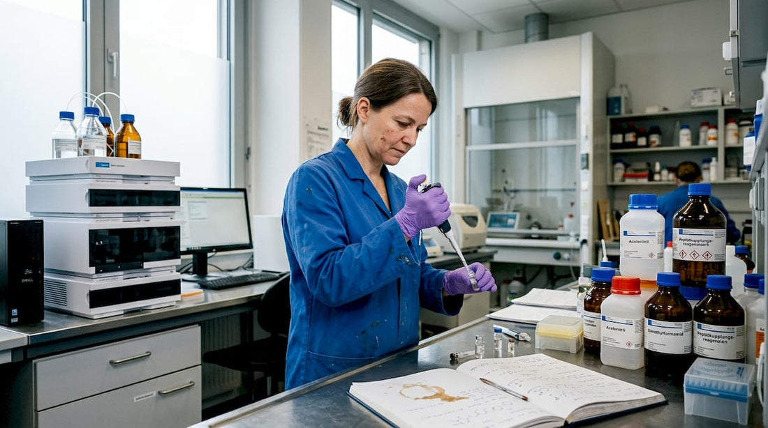 Eine Wissenschaftlerin führt im Labor die Synthese von Peptiden direkt an der Werkbank durch.